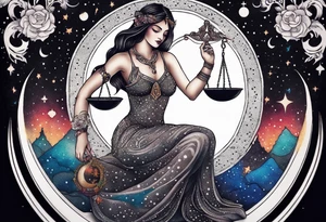 Libra woman holding scales with a night zodiac background including a half moon that encircles half of the woman with vibrant colors tattoo idea