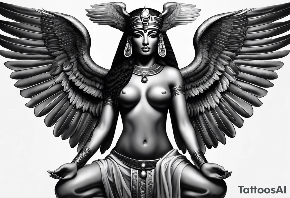 black and gray photo realistic goddess isis with minimal detail tattoo idea