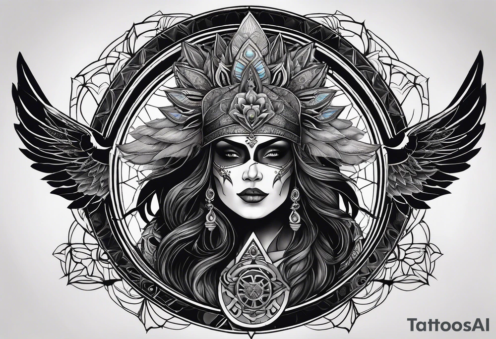 black kali, goddess pirate, alien, pachamama, valkrye, warrior, skull, lotus azul, wing, eagle, zenza resonance, stars, 5D, anahata chakra tattoo idea