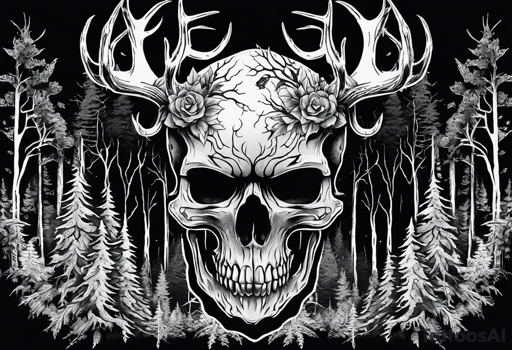 A spooky decaying skull lore accurate wendigo surrounded by a forest fire in background tattoo idea