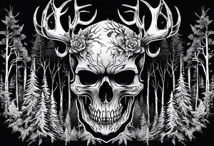 A spooky decaying skull lore accurate wendigo surrounded by a forest fire in background tattoo idea