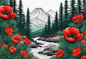 a forest of pine trees with a small poppy in front and the korean word for patience tattoo idea