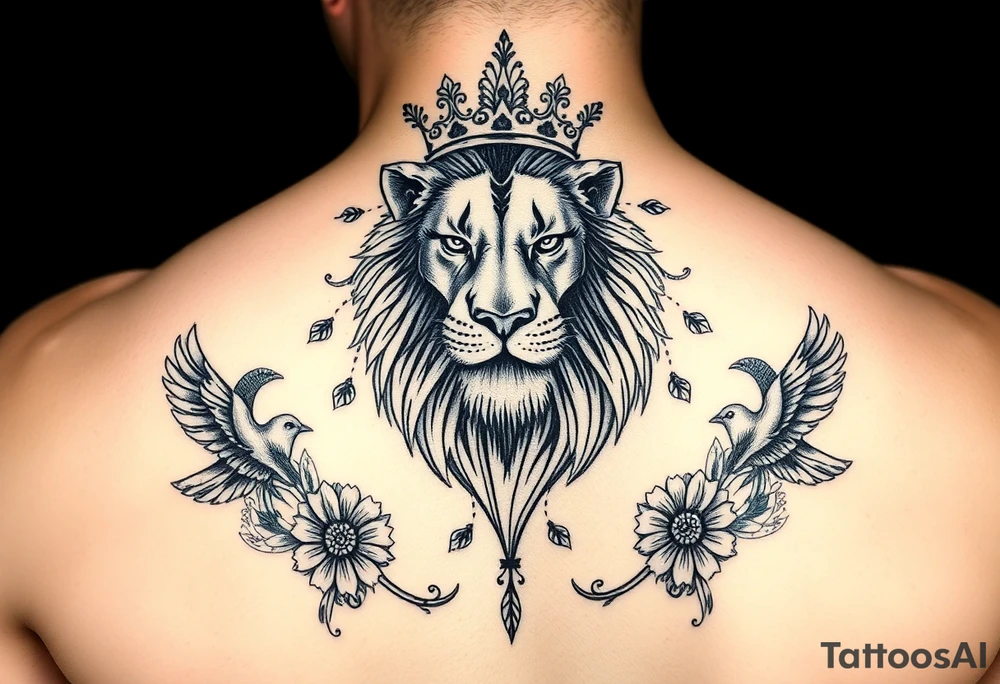 powerful majestic lion with a crown, surrounded by floral ornaments and birds tattoo idea