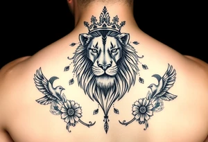 powerful majestic lion with a crown, surrounded by floral ornaments and birds tattoo idea