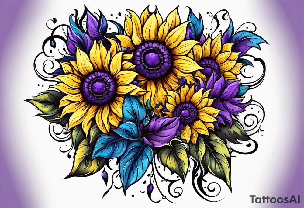 Purple, yellow and blue sunflowers with a cross tattoo idea