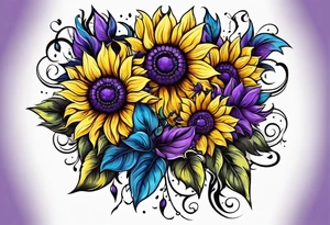 Purple, yellow and blue sunflowers with a cross tattoo idea