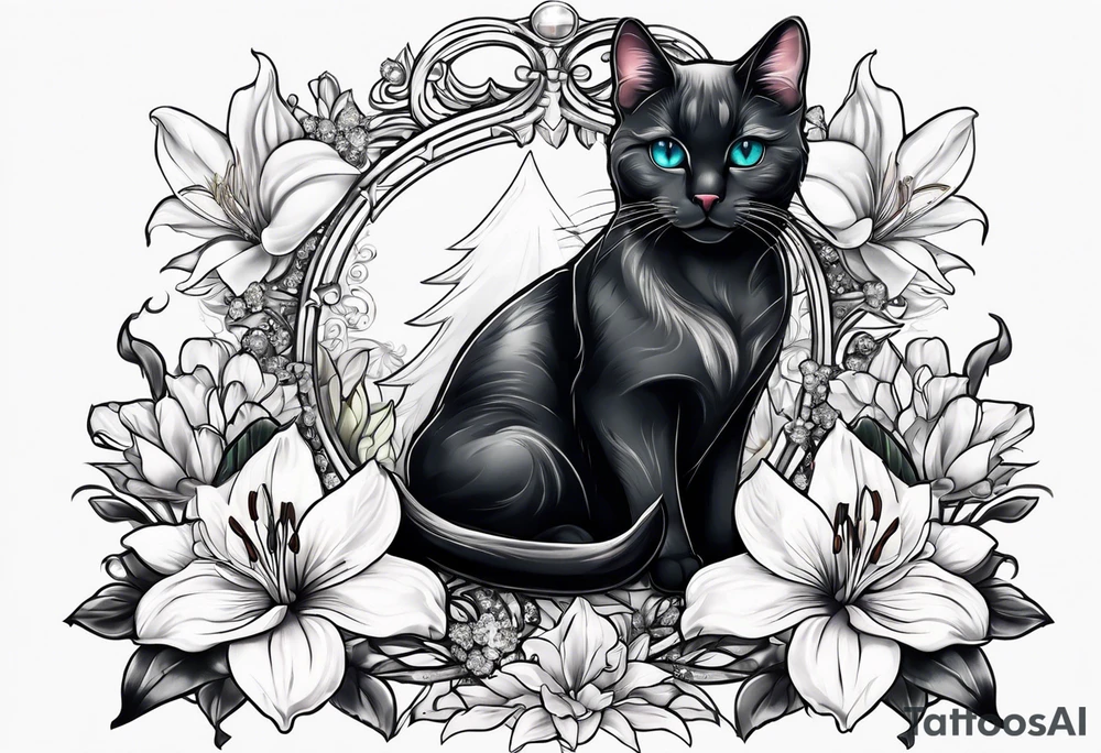 Blavk cat with lilies crystals and diamonds tattoo idea