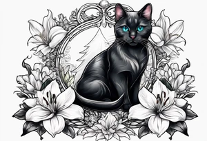 Blavk cat with lilies crystals and diamonds tattoo idea