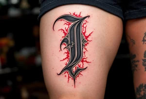Old English "J" in iron black with crimson red drop shadows. tattoo idea