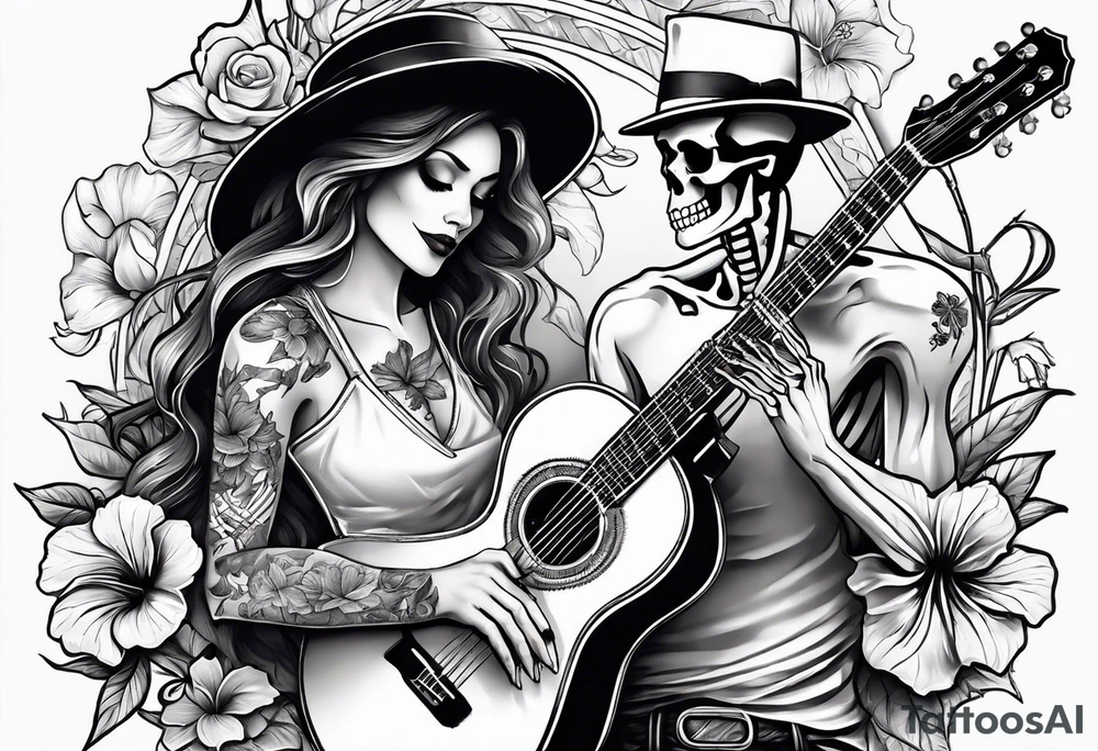 a female skeleton holding a hibiscus flower and a male skeleton playing a guitar. tattoo idea