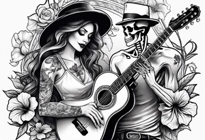 a female skeleton holding a hibiscus flower and a male skeleton playing a guitar. tattoo idea
