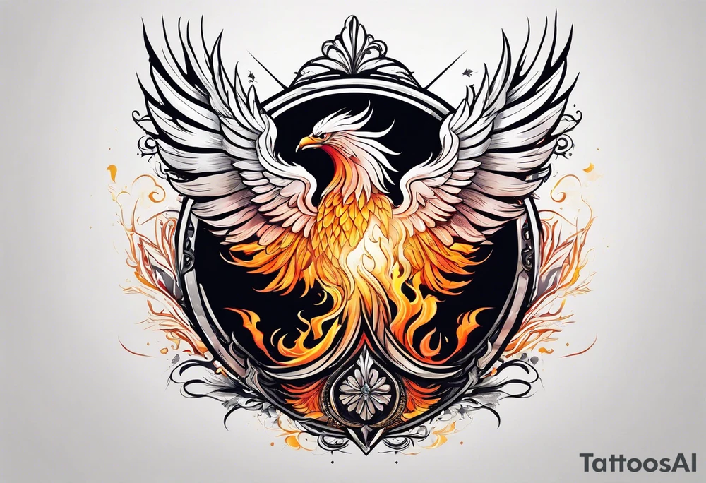 a phoenix rising from the ashes, with an angel opening its wings on the background tattoo idea