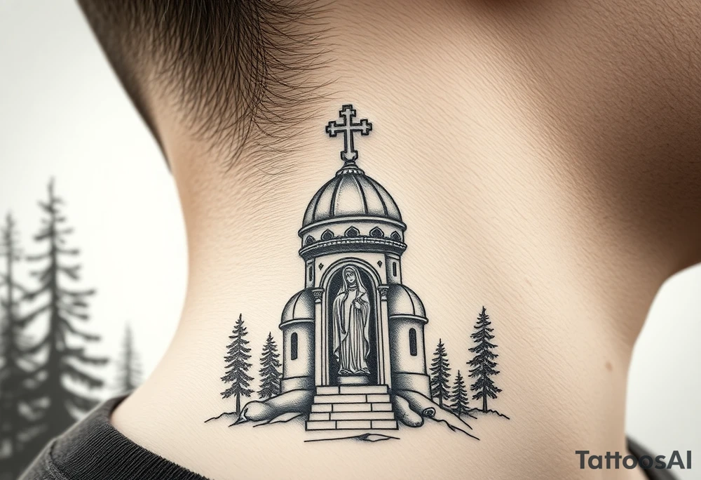 russian coat arms traditional christian orthodox cross with a virgin mary stood in the entrance of a russian orthodox dome church on the side of the neck in a wilderness setting tattoo idea