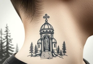 russian coat arms traditional christian orthodox cross with a virgin mary stood in the entrance of a russian orthodox dome church on the side of the neck in a wilderness setting tattoo idea