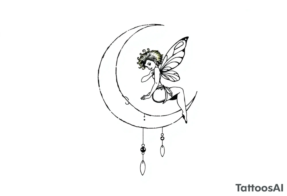 Solid black tattoo of a Fairy sitting on moon with dangles. tattoo idea