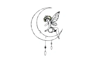 Solid black tattoo of a Fairy sitting on moon with dangles. tattoo idea