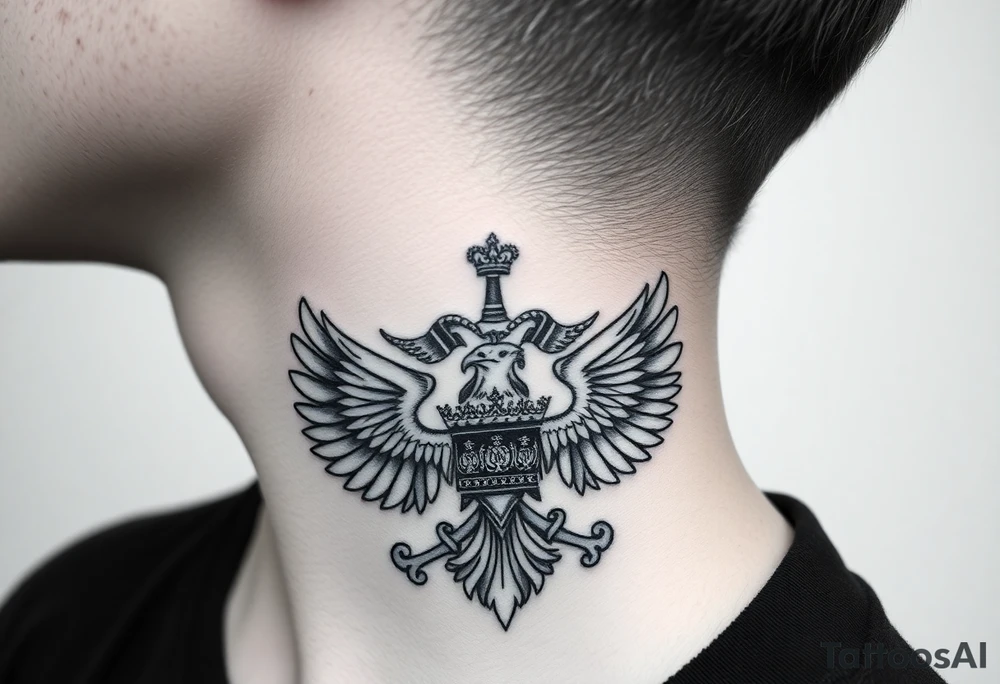 St. George, 3 russian imperial crowns above the Russian coat of arms double eagle and above sitting in its wingspan have a Russian sabre, Kremlin or St. Basil's Cathedral scene  on the side of my neck tattoo idea