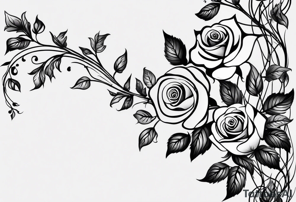 draw image of sleeve tattoo that has 65 small roses on a vine, they can be different sizes. It is long and narrow in design so it fits on an arm. The vine has some leaves and thorns but not too many. The roses will be a mix of small and medium size with some front on and others side on. tattoo idea