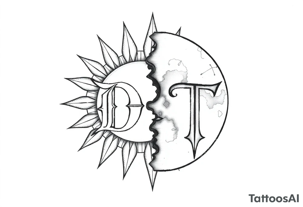 the letter D in the sun and the letter T in the moon tattoo idea