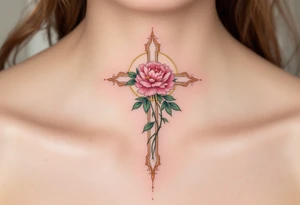 Lada's Symbol — A symmetrical floral cross in soft rose pink and leafy green, resembling a blooming peony, surrounded by a golden halo of light. tattoo idea