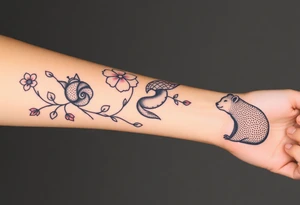 Full forearm design. Flowers on the vine. Include a snail, turtle, fox, and bear tattoo idea