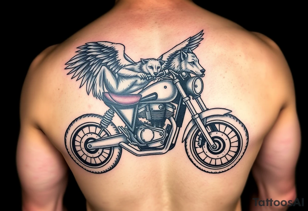 a motorcycle on it with guardian angel wolves on the bike tattoo idea