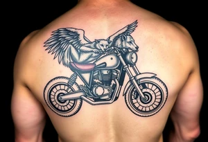 a motorcycle on it with guardian angel wolves on the bike tattoo idea