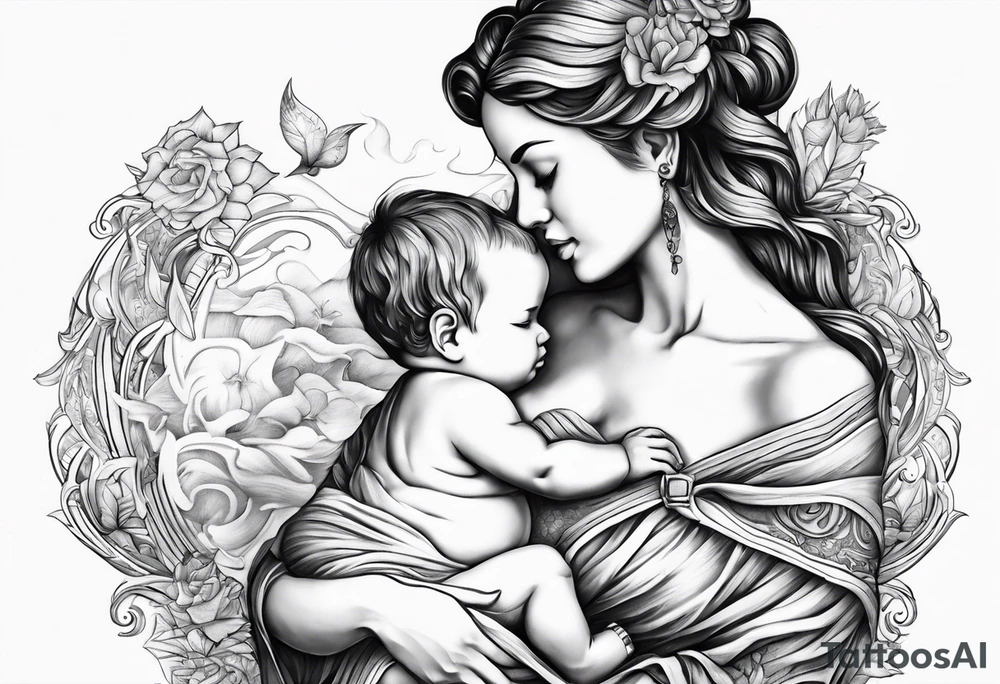 chest tattoo : 
mom and baby son statue tattoo idea