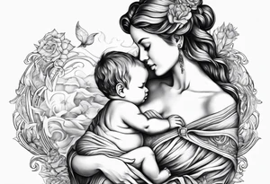 chest tattoo : 
mom and baby son statue tattoo idea