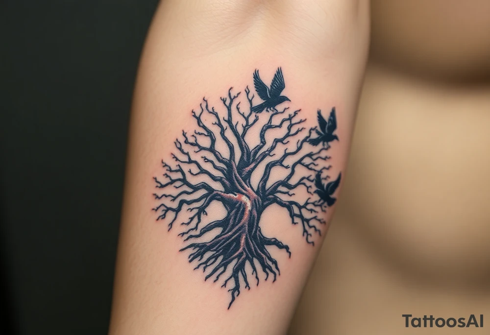 The Tree of Life, color infused, ravens flying around it, tattoo idea