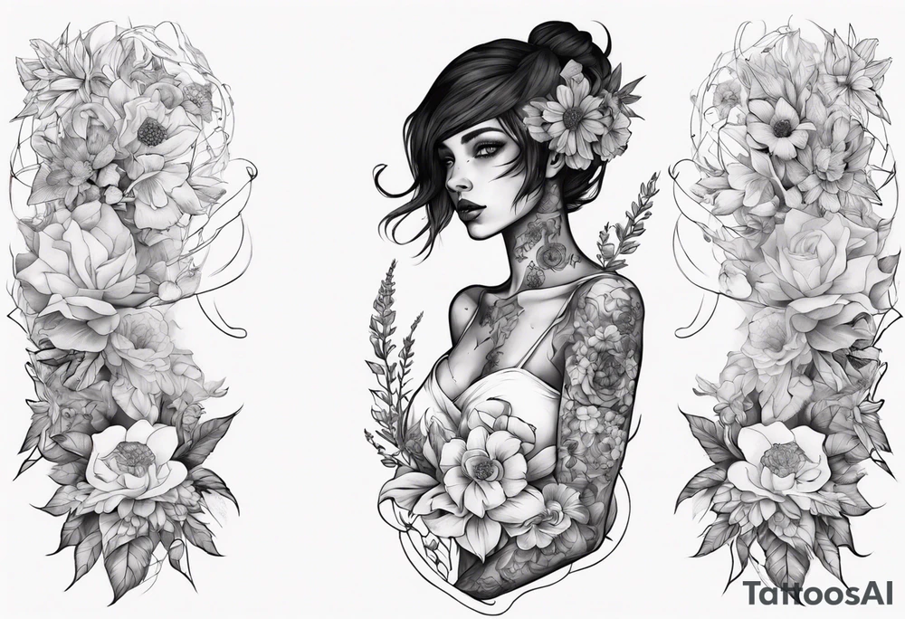 sleeve with many flowers around it and a dark elf girl tattoo idea