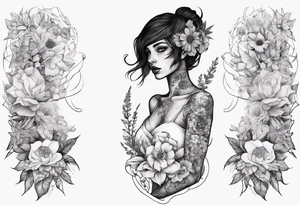 sleeve with many flowers around it and a dark elf girl tattoo idea