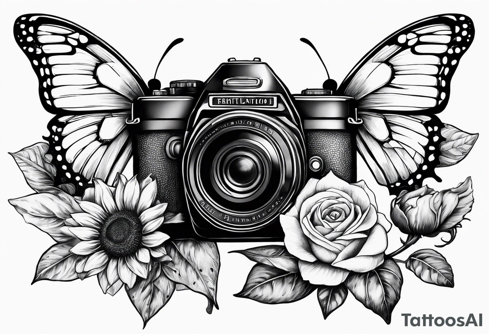 Butterfly, sunflower, camera, book, flower rose tattoo idea Butterfly, sunflower, camera, book, flower rose tattoo idea
