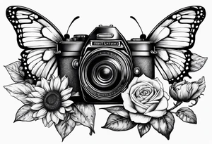 Butterfly, sunflower, camera, book,  flower rose tattoo idea