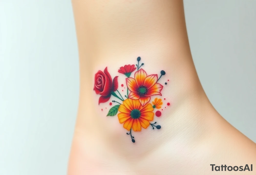 a colorful, vibrant, watercolor tattoo with one red rose, one orange lily, one gold marigold, and one orange cosmos flower and with splashes of color tattoo idea