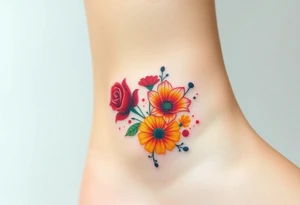 a colorful, vibrant, watercolor tattoo with one red rose, one orange lily, one gold marigold, and one orange cosmos flower and with splashes of color tattoo idea