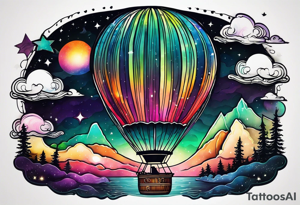 Northern lights,  space, hot air balloon tattoo idea