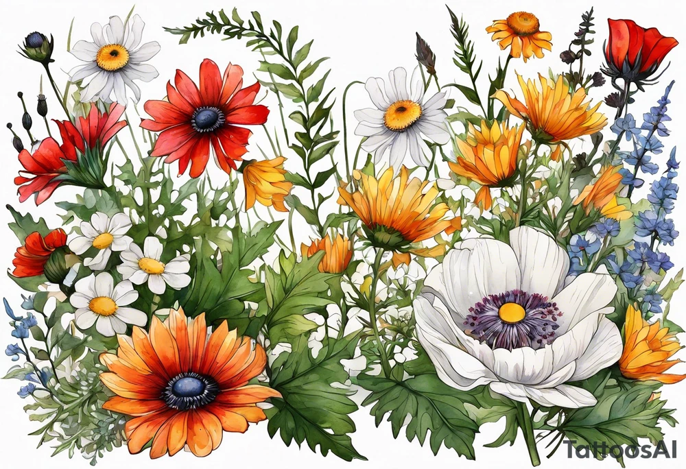 simple wildflowers cascading with thistles, ferns, white anemones, sun flowers, red flowers, black flowers, buttercups, orange flowers, babys breath and daisies all in watercolor tattoo idea