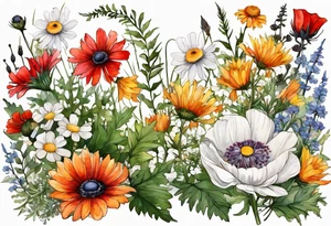 simple wildflowers cascading with thistles, ferns, white anemones, sun flowers, red flowers, black flowers, buttercups, orange flowers, babys breath and daisies all in watercolor tattoo idea