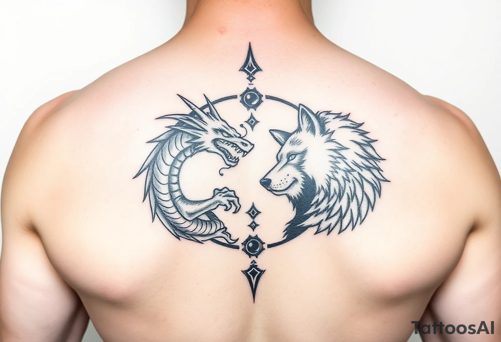 Ying yang symbol with one side a dragon and one side a wolf tattoo idea