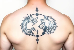 Ying yang symbol with one side a dragon and one side a wolf tattoo idea