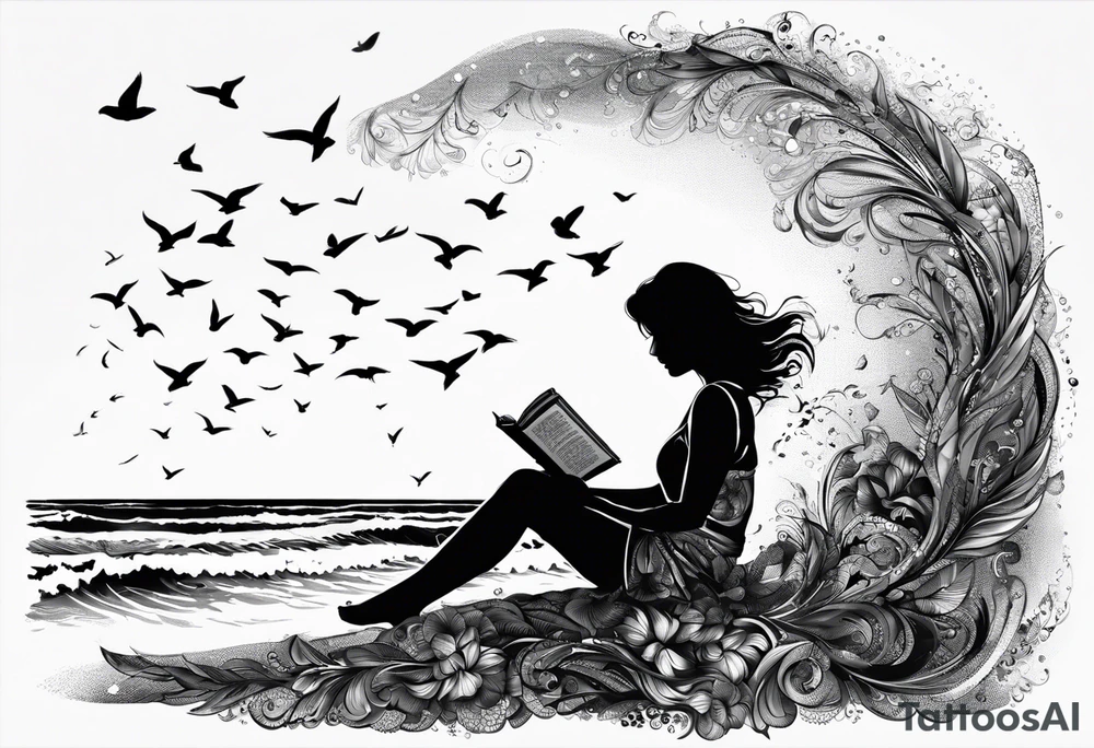 Someone is sitting on the beach reading a book and the pages are flying in the wind, the purpose of the tattoo is to emphasize that just as the pages are flying in the wind, you also have to flip through situations in life tattoo idea
