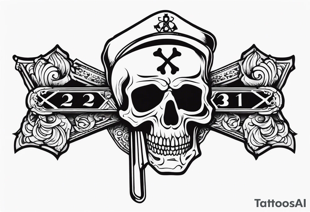 Design a line work tattoo with a 21, Hooligan bar and an Axe in the style of a skull and cross bones with the 21 as the skull tattoo idea