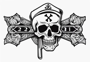 Design a line work tattoo with a 21, Hooligan bar and an Axe in the style of a skull and cross bones with the 21 as the skull tattoo idea