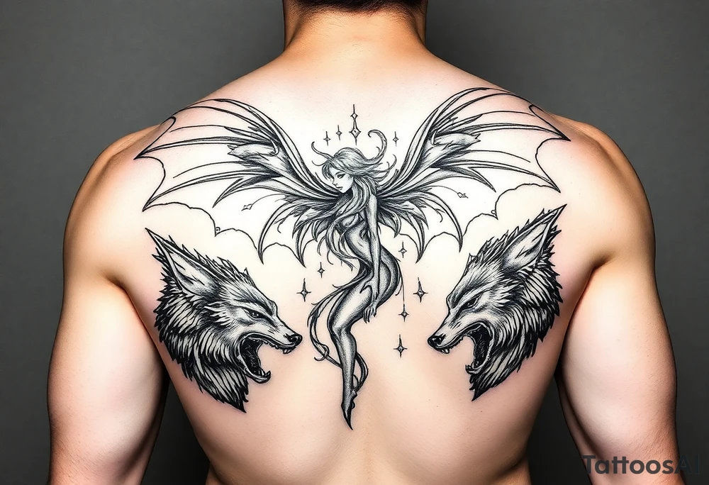 powerful fae fairy with dragons and wolves tattoo idea