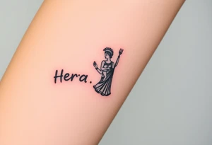 Greek black goddess Hera holding a baby in her right an a Draco with drum in the left hand tattoo idea