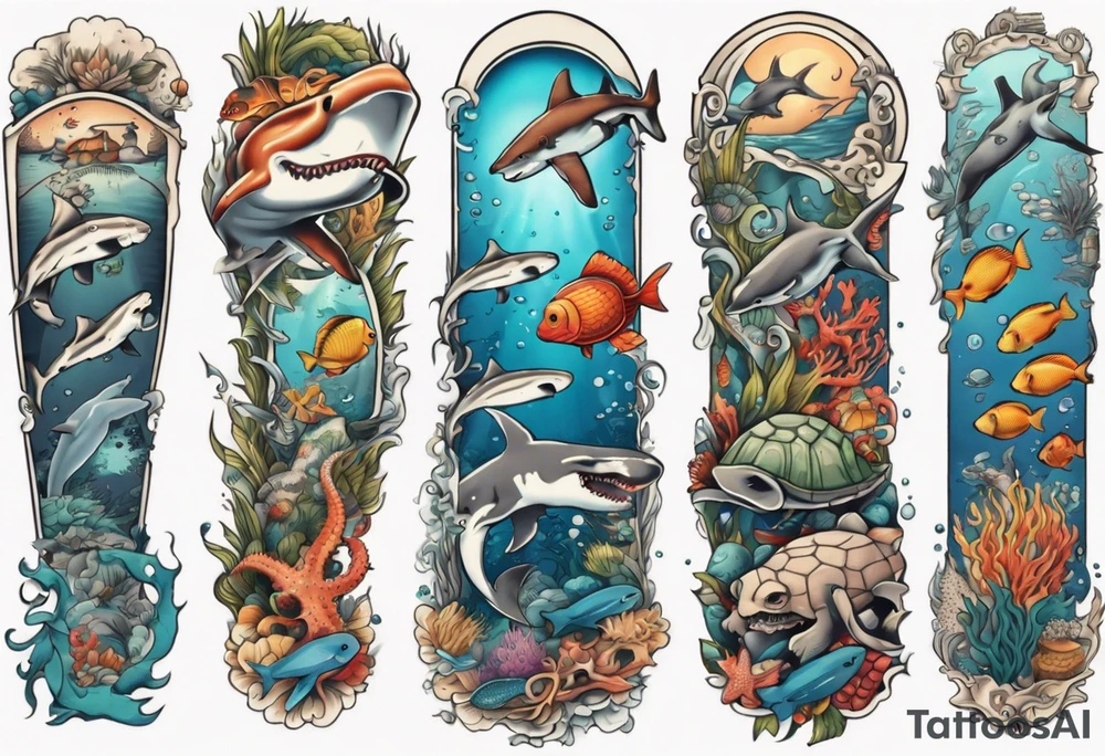 An arm sleeve of an aquatic scene of sea animals, including a hammerhead shark, a turtle, an octopus, and a colorful fish tattoo idea