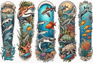 An arm sleeve of an aquatic scene of sea animals, including a hammerhead shark, a turtle, an octopus, and a colorful fish tattoo idea