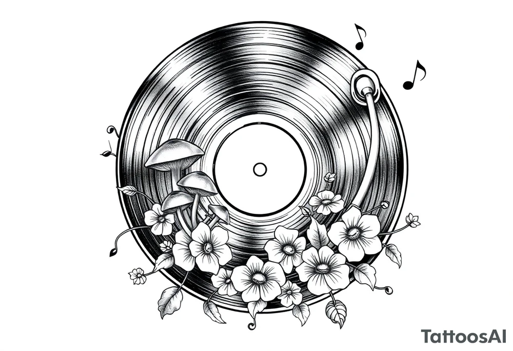 vinyl record player with mushrooms, flowers, and music notes around it tattoo idea