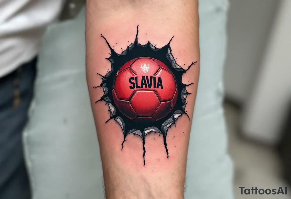 A torn-skin tattoo showing a red soccer ball beneath the skin, emblazoned with the Slavia crest. tattoo idea